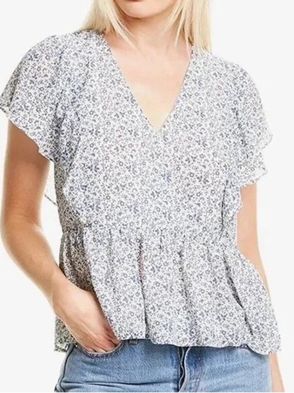 Madewell Floral V-Neck Peplum Top - White/Blue